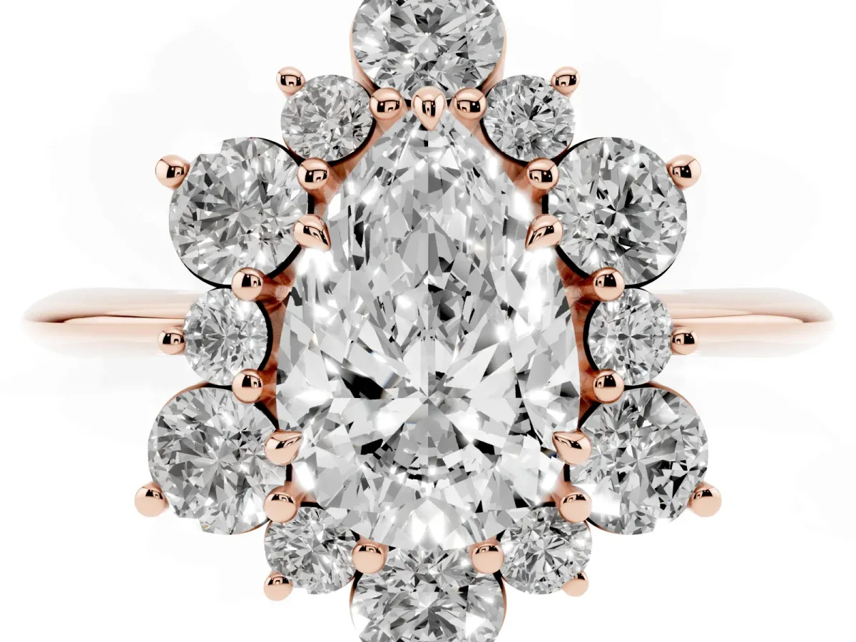 Pear Cut Diamond Cluster Halo Ring with Solitaire Band and Four-Prong Setting Rose gold
