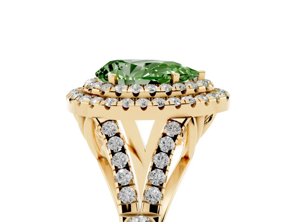 Fancy Green Double Halo Pear Cut Diamond Split Shank Engagement Ring with Four-Prong Setting Yellow gold