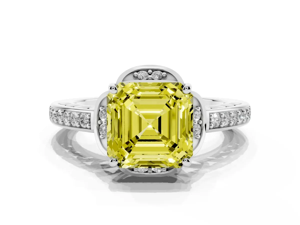 Fancy Yellow Asscher Cut Cut Halo Diamond Ring with Channel Set Band and Four-Prong Setting White gold