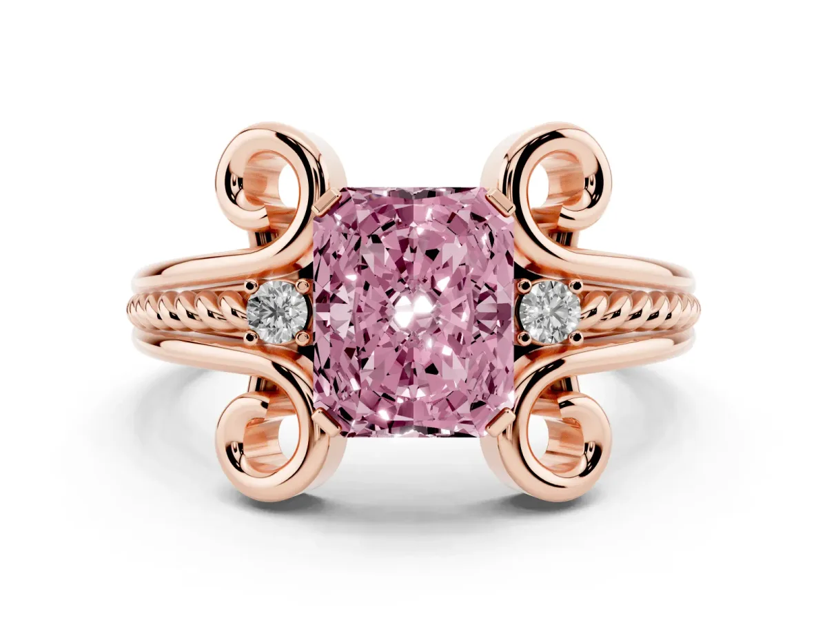 Fancy Pink Radiant Cut Solitaire Twisted Band Scroll Prong Ring Rose gold