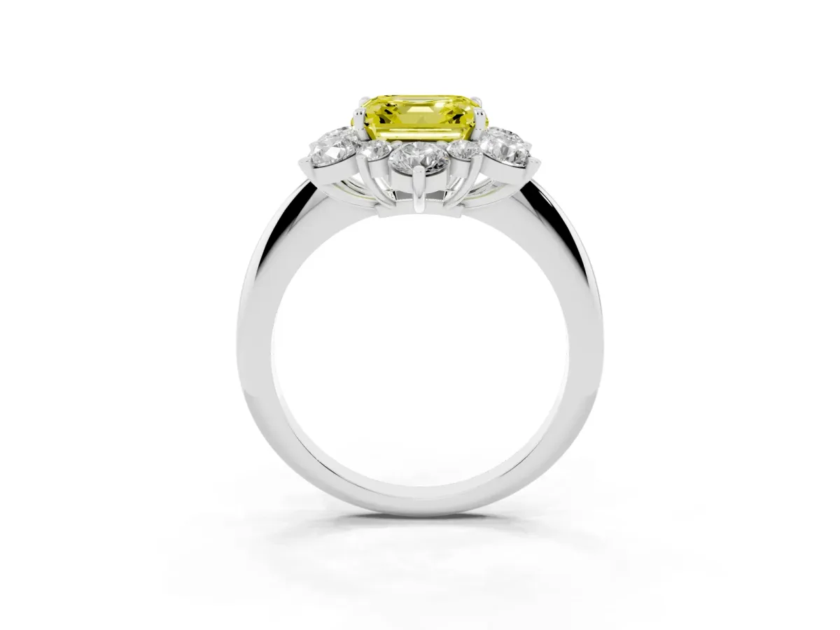 Fancy Yellow Asscher Cut Diamond Cluster Halo Ring with Solitaire Band and Four-Prong Setting White gold