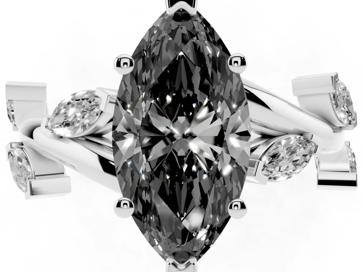Fancy Black Marquise Cut Solitaire Twisted Band Marquise Accent Prong Setting Ring Platinum