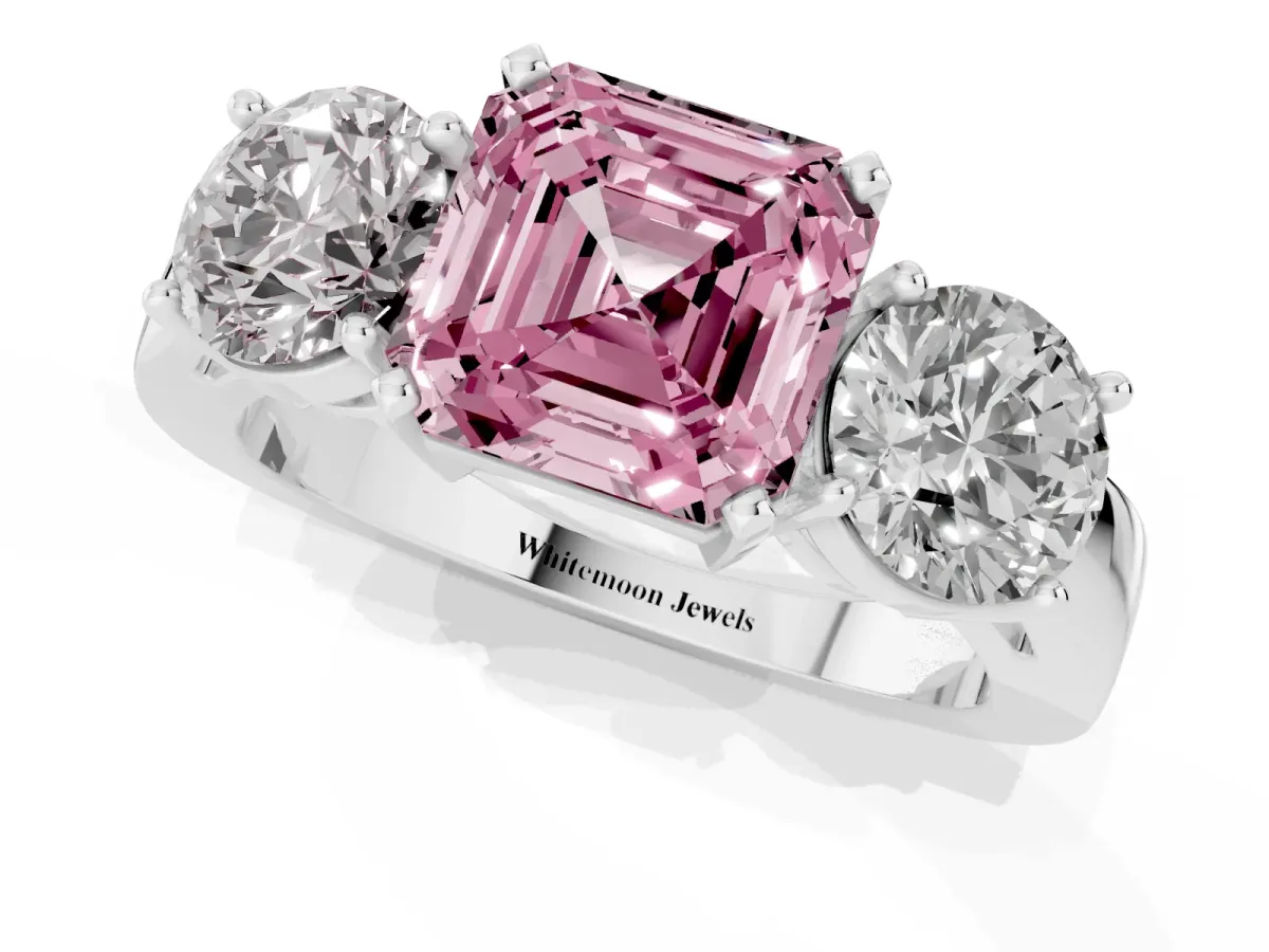 Fancy Pink Three-Stone Asscher Cut Diamond Ring with Round Side Stones, Classic Band, and Four-Prong Setting Silver