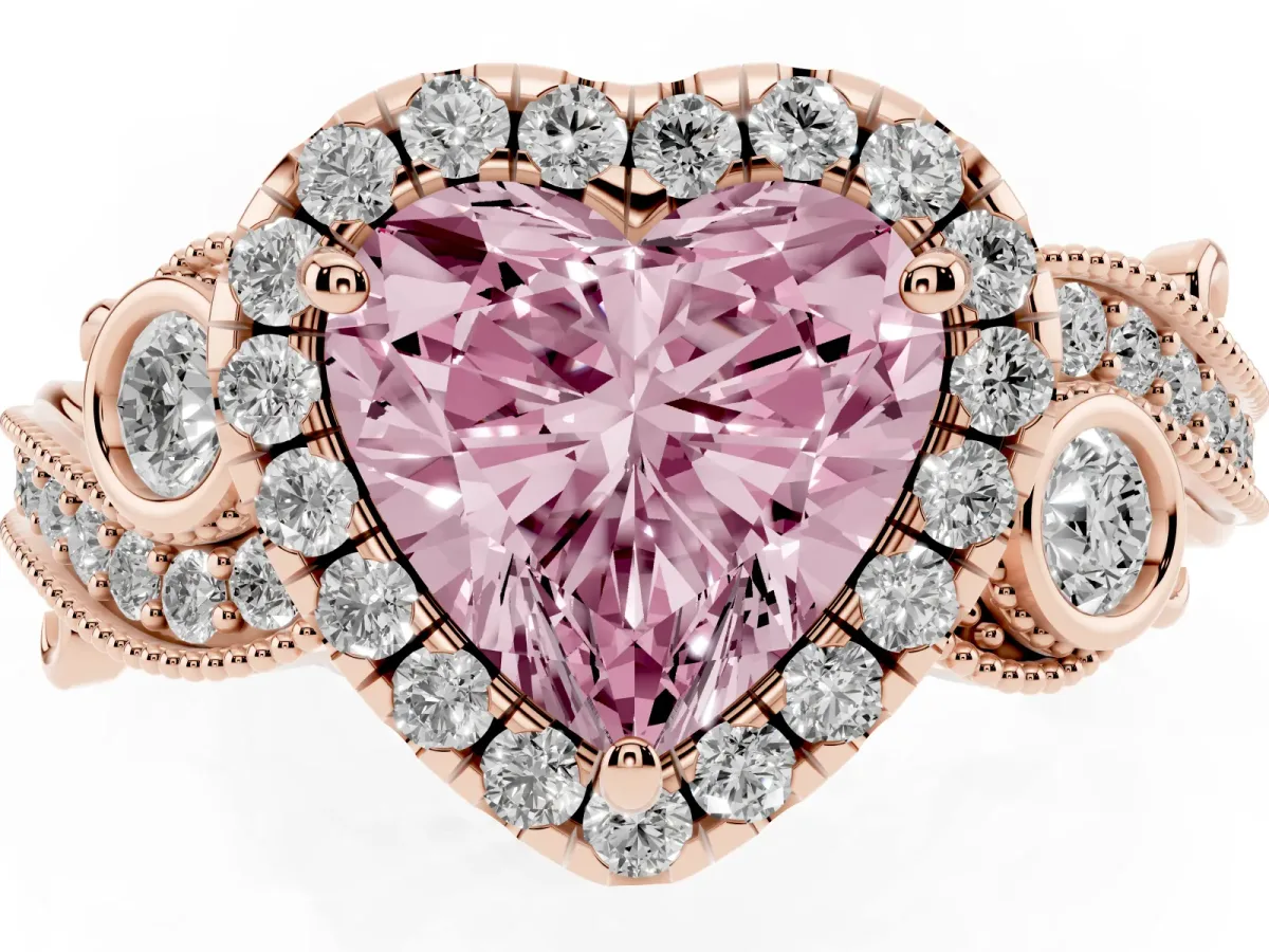 Fancy Pink Heart Cut Halo Diamond Ring with Milgrain and Bezel Accents on a Split Shank Band Rose gold