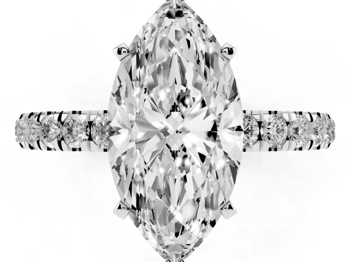 Marquise Cut Diamond Solitaire Ring with Pavé Accents and Four-Prong Setting Silver