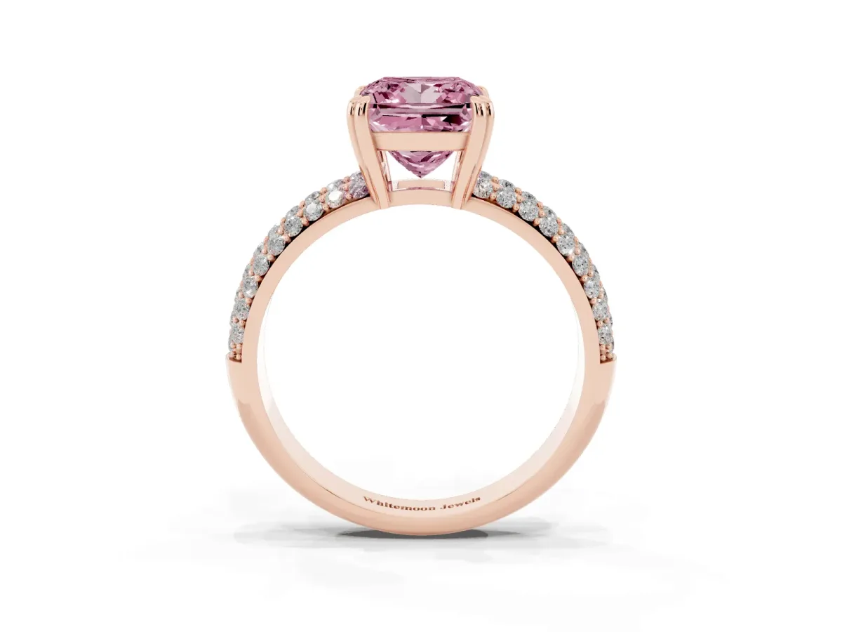 Fancy Pink Princess Cut Diamond Solitaire Ring with Multi-Row Round Pavé Band and Prong Setting Rose gold