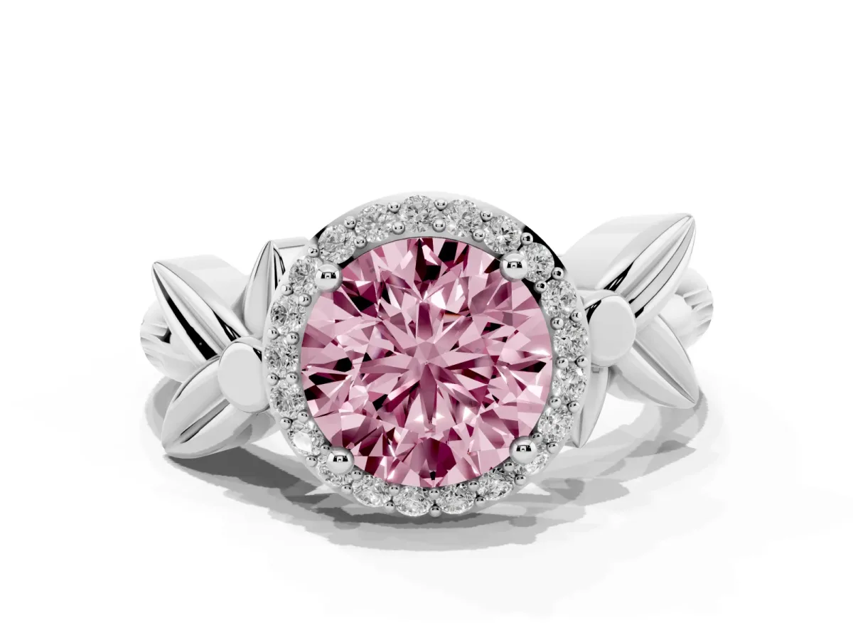 Fancy Pink Round Cut Halo Diamond Floral Band with Four-Prong Setting White gold