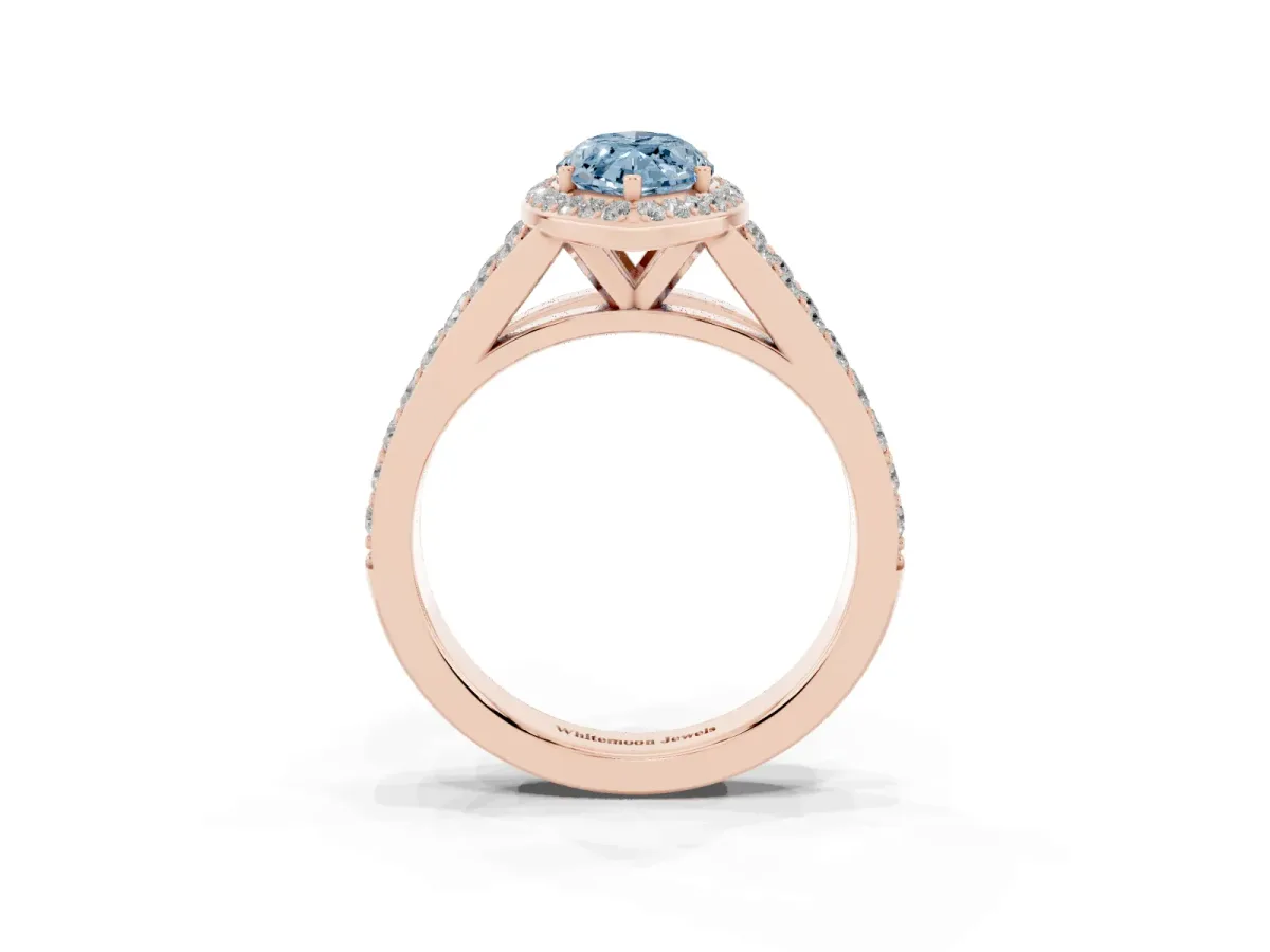 Fancy Blue Marquise Cut Diamond Split Shank Halo Ring with Four-Prong Setting Rose gold