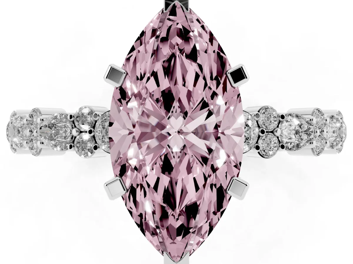 Fancy Pink Marquise Cut Diamond Side Stone Solitaire Ring with Round and Four-Prong Setting Platinum