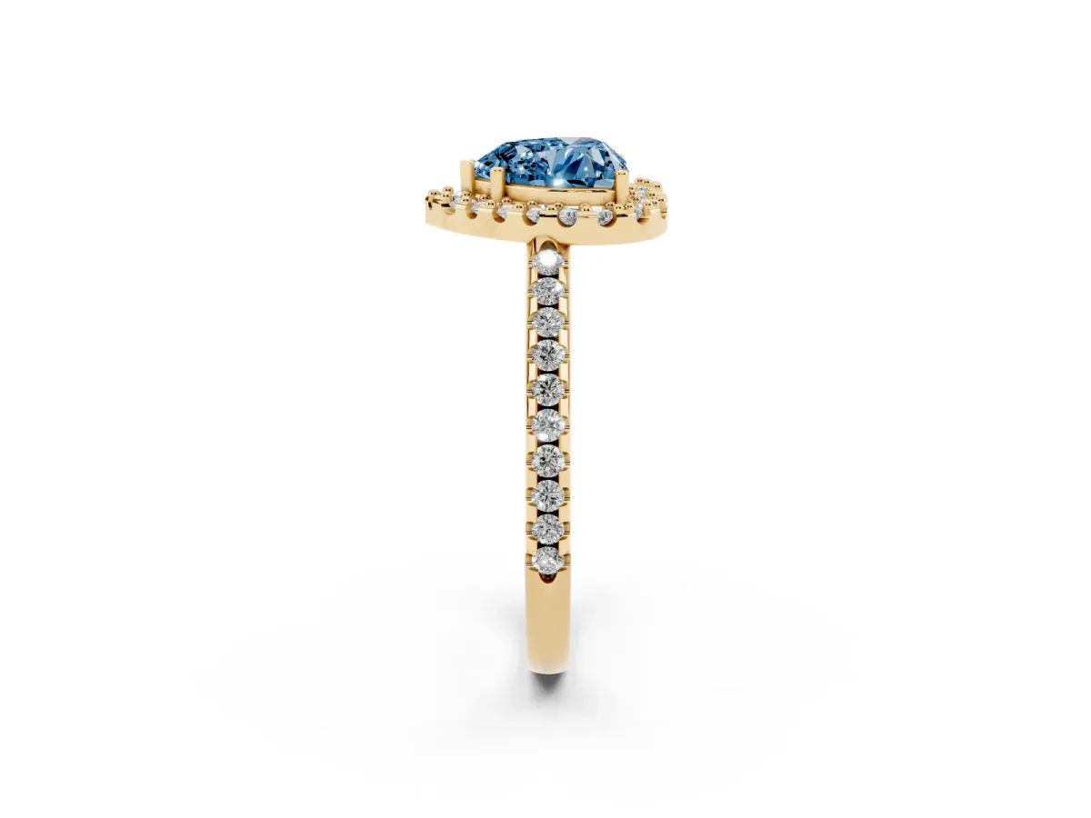 Fancy Blue Heart Cut Diamond Pavé Halo Ring with Four-Prong Setting Yellow gold