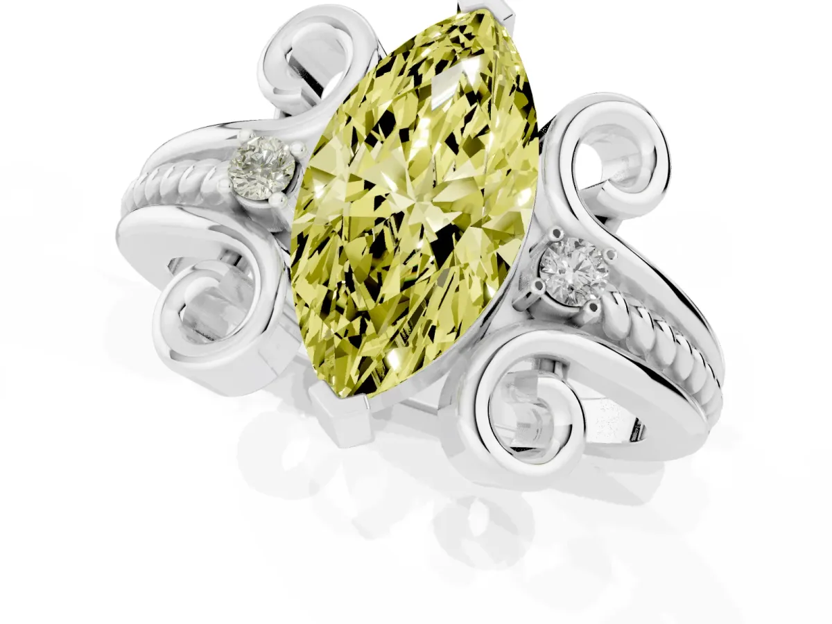 Fancy Yellow Marquise Cut Solitaire Twisted Band Scroll Prong Ring Silver