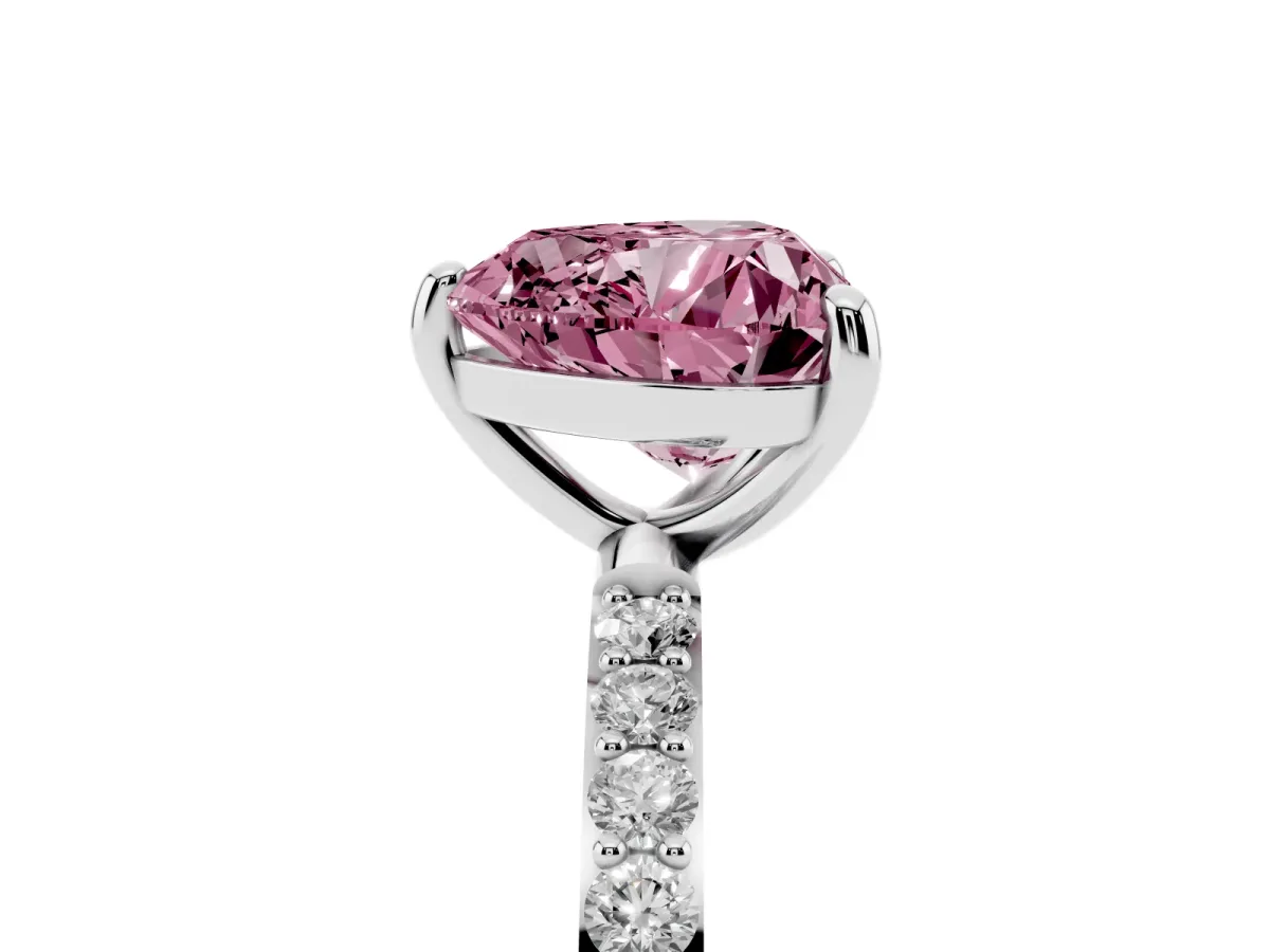 Fancy Pink Heart Cut Diamond Solitaire Ring with Round Pavé Band and Prong Setting Silver