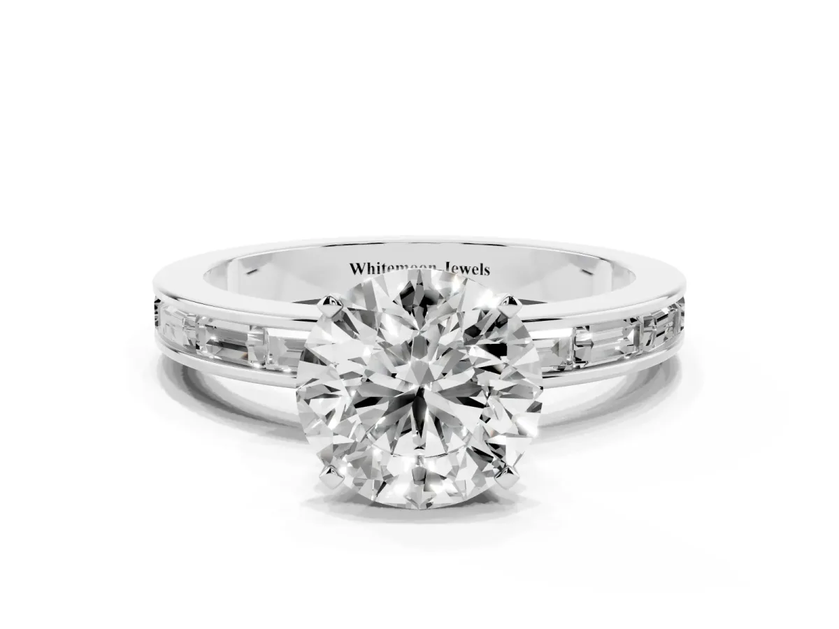 Round Cut Solitaire Diamond Ring with Channel-Set Baguette Band and Four-Prong Setting White gold