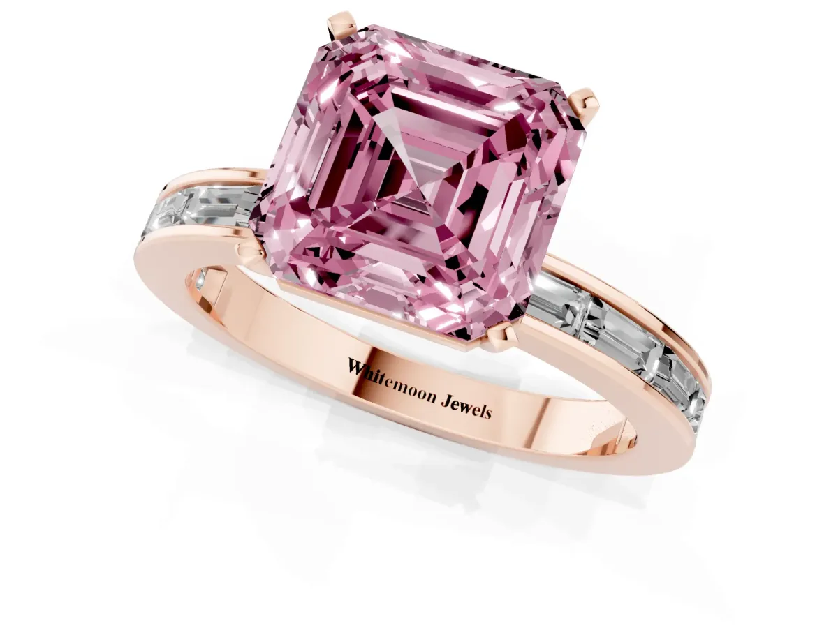 Fancy Pink Asscher Cut Solitaire Diamond Ring with Channel-Set Baguette Band and Four-Prong Setting Rose gold