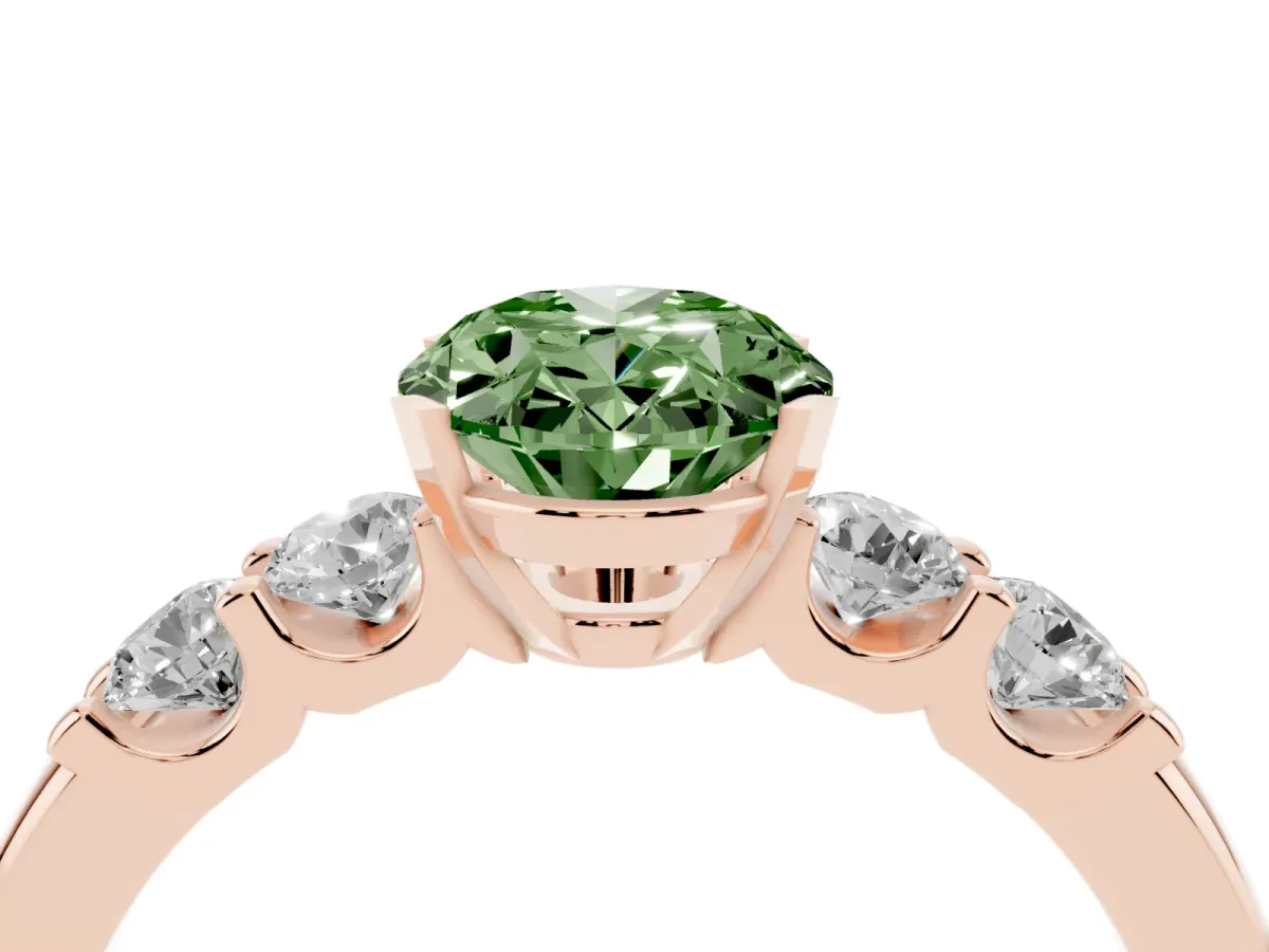 Fancy Green Oval Cut Brilliant Cut Diamond Five-Stone Prong Set Engagement Ring with Channel Band Rose gold