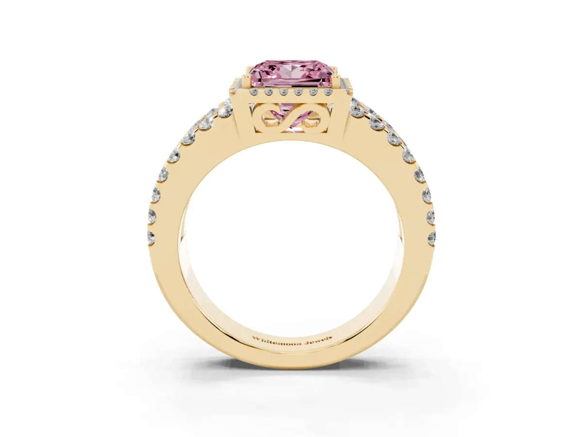 Fancy Pink Princess Cut Cut Halo Split Shank Diamond Ring with Four-Prong Setting Yellow gold