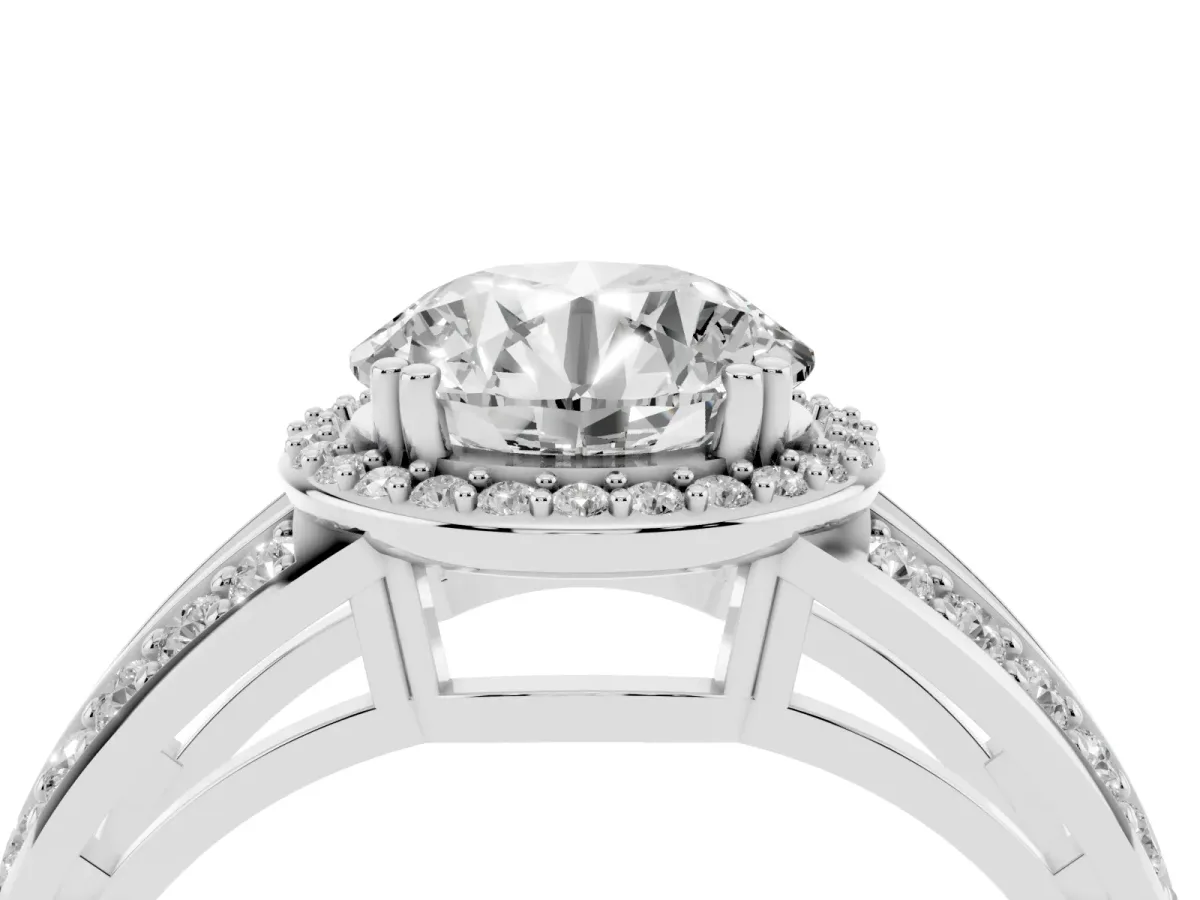 Round Cut Diamond Halo Ring with Split Shank Pavé Band and Four-Prong Setting Platinum