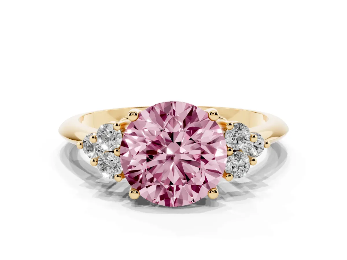 Fancy Pink Round Cut Cut Diamond Cluster Ring with Solitaire Band and Four-Prong Setting Yellow gold