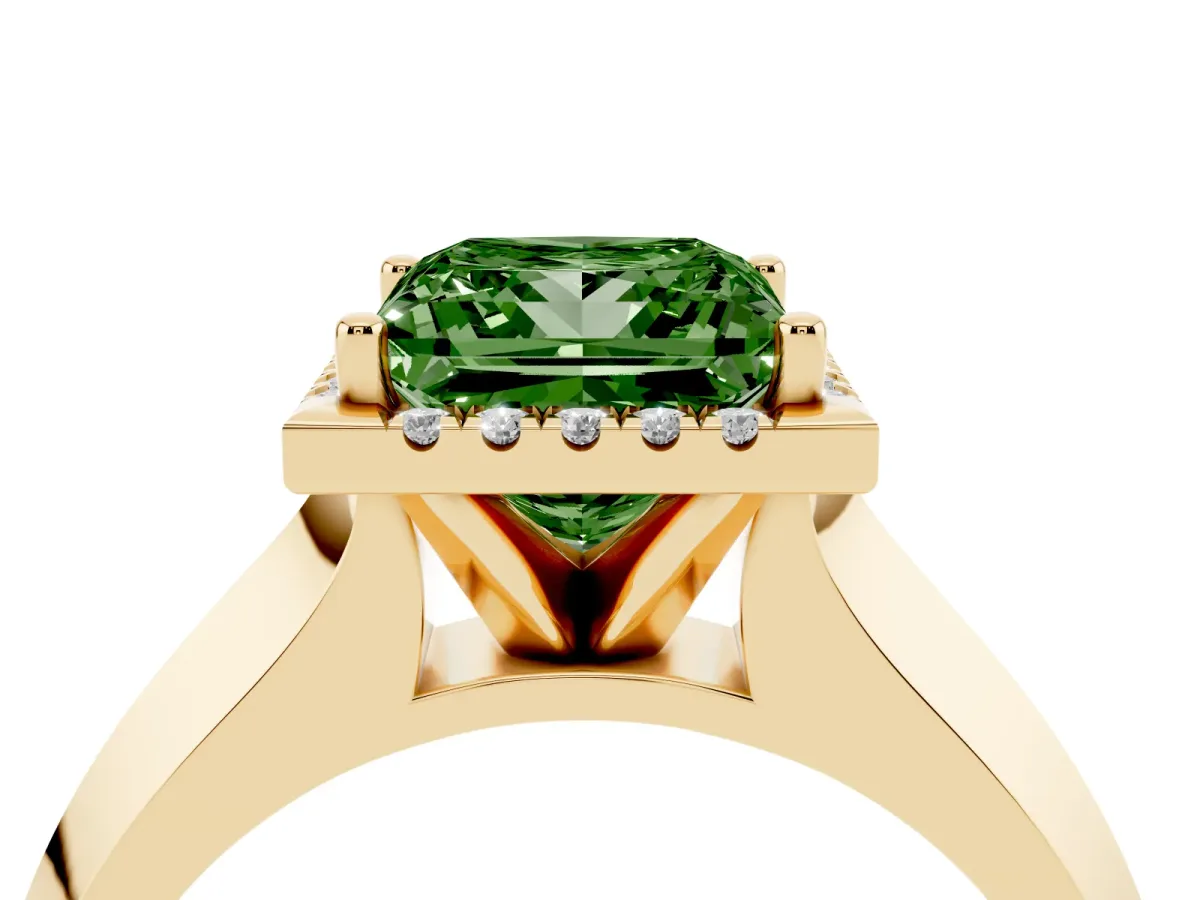 Fancy Green Princess Cut Halo Diamond Ring with Cathedral Band and Four-Prong Setting Yellow gold
