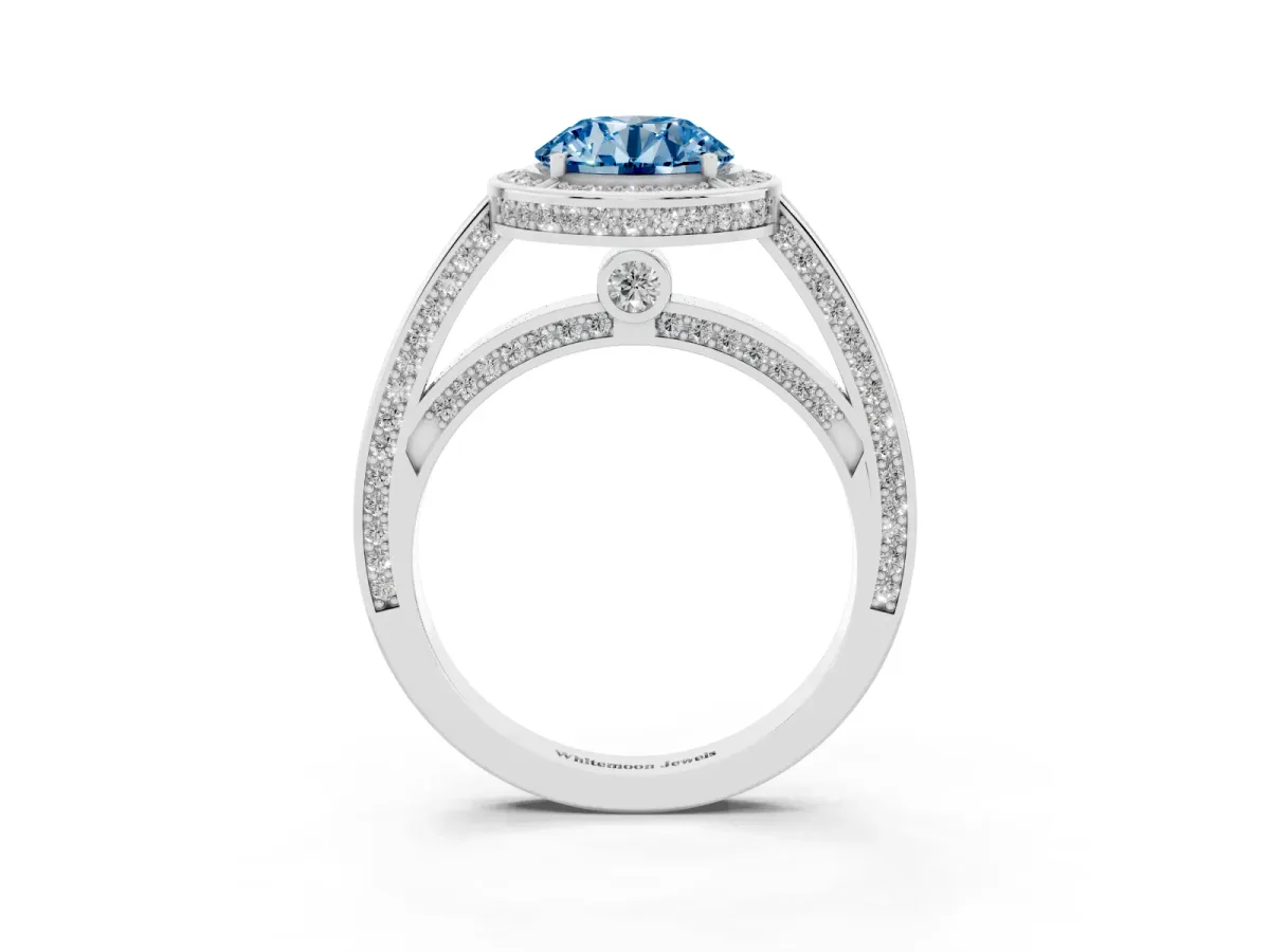 Fancy Blue Round Cut Cut Halo Pave Split Shank Prong Setting Ring Platinum