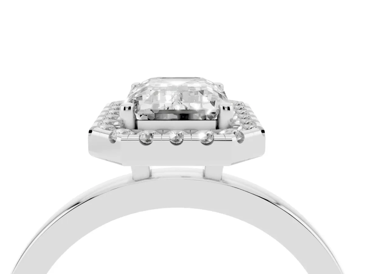 Emerald Cut Halo Diamond Solitaire with Pavé Band and Four-Prong Setting White gold