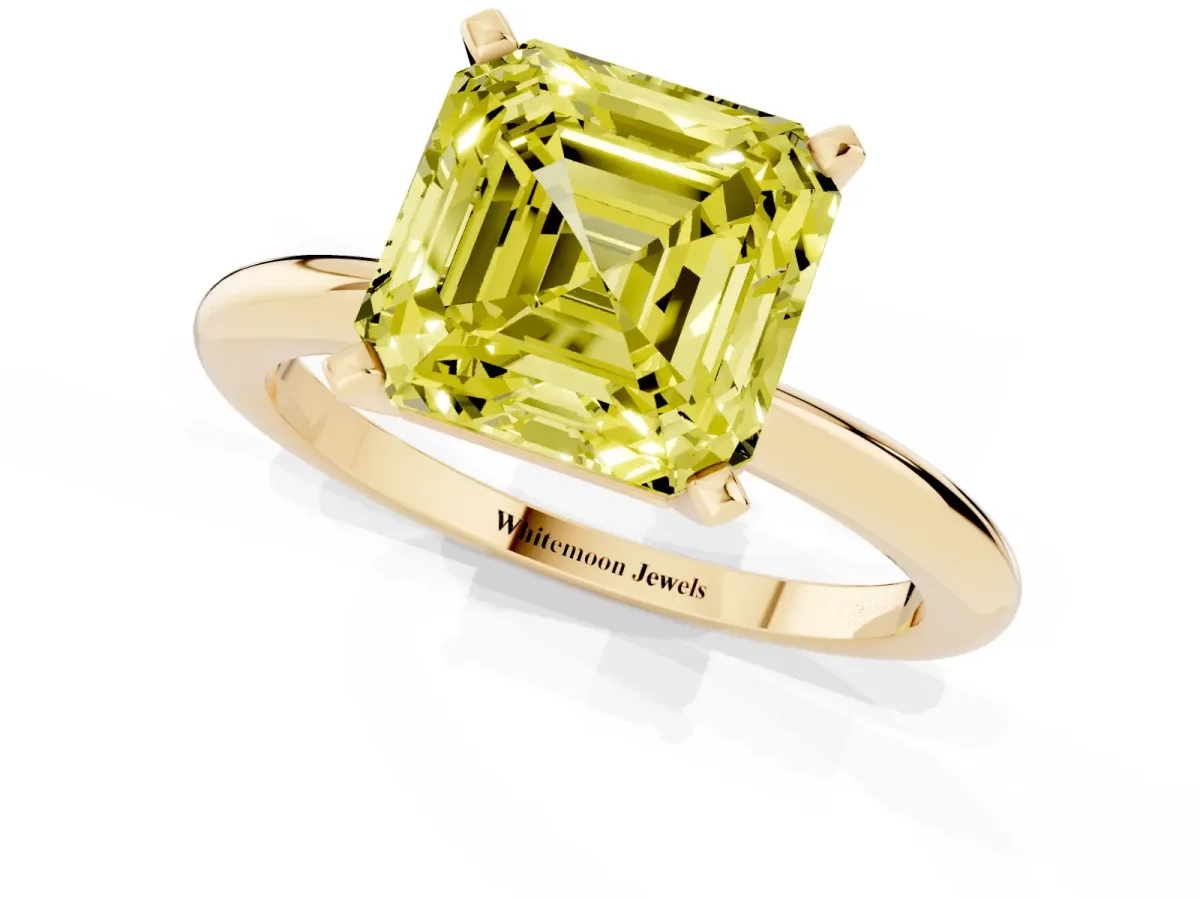 Fancy Yellow Asscher Cut Diamond Solitaire Ring with Prong Setting and Classic Band Yellow gold