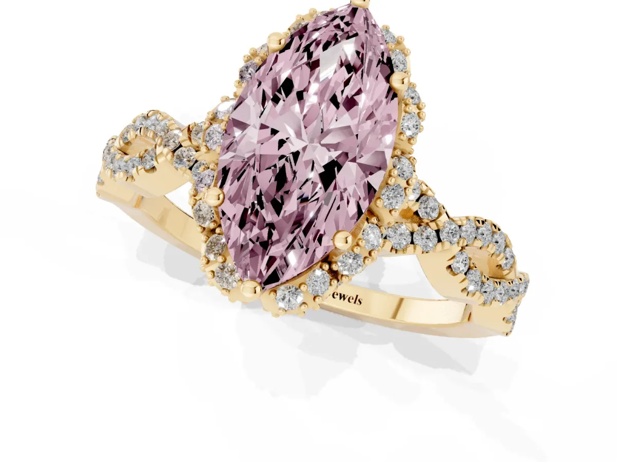 Fancy Pink Marquise Cut Halo Twist Band Solitaire Ring with Six-Prong Setting Yellow gold