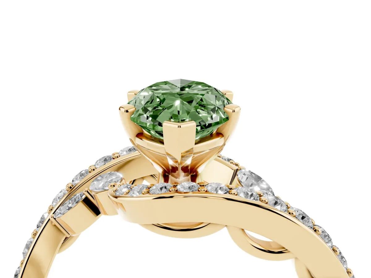 Fancy Green Marquise Cut Solitaire with Pavé Twist Band and Four-Prong Setting Yellow gold