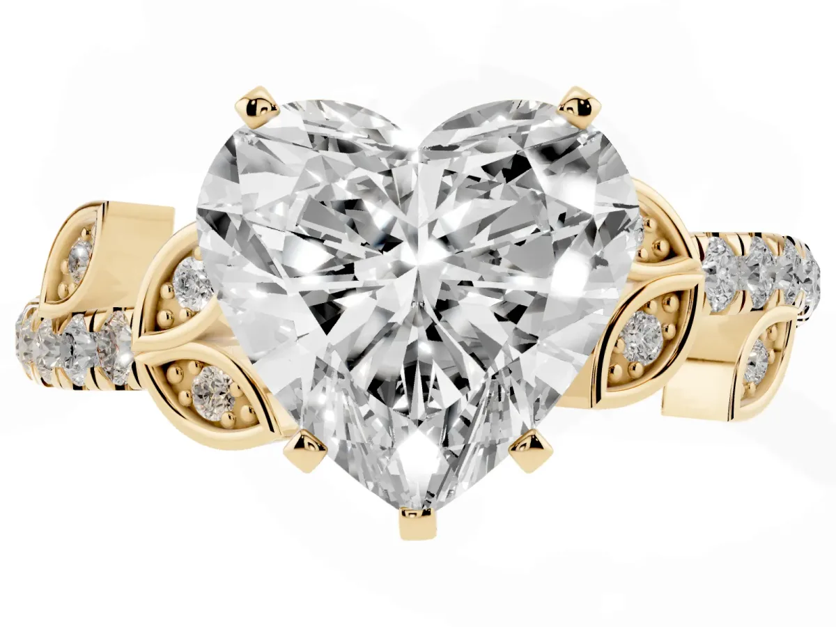 Heart Cut Solitaire Leaf-Inspired Diamond Ring with Pavé Band and Four-Prong Setting Yellow gold