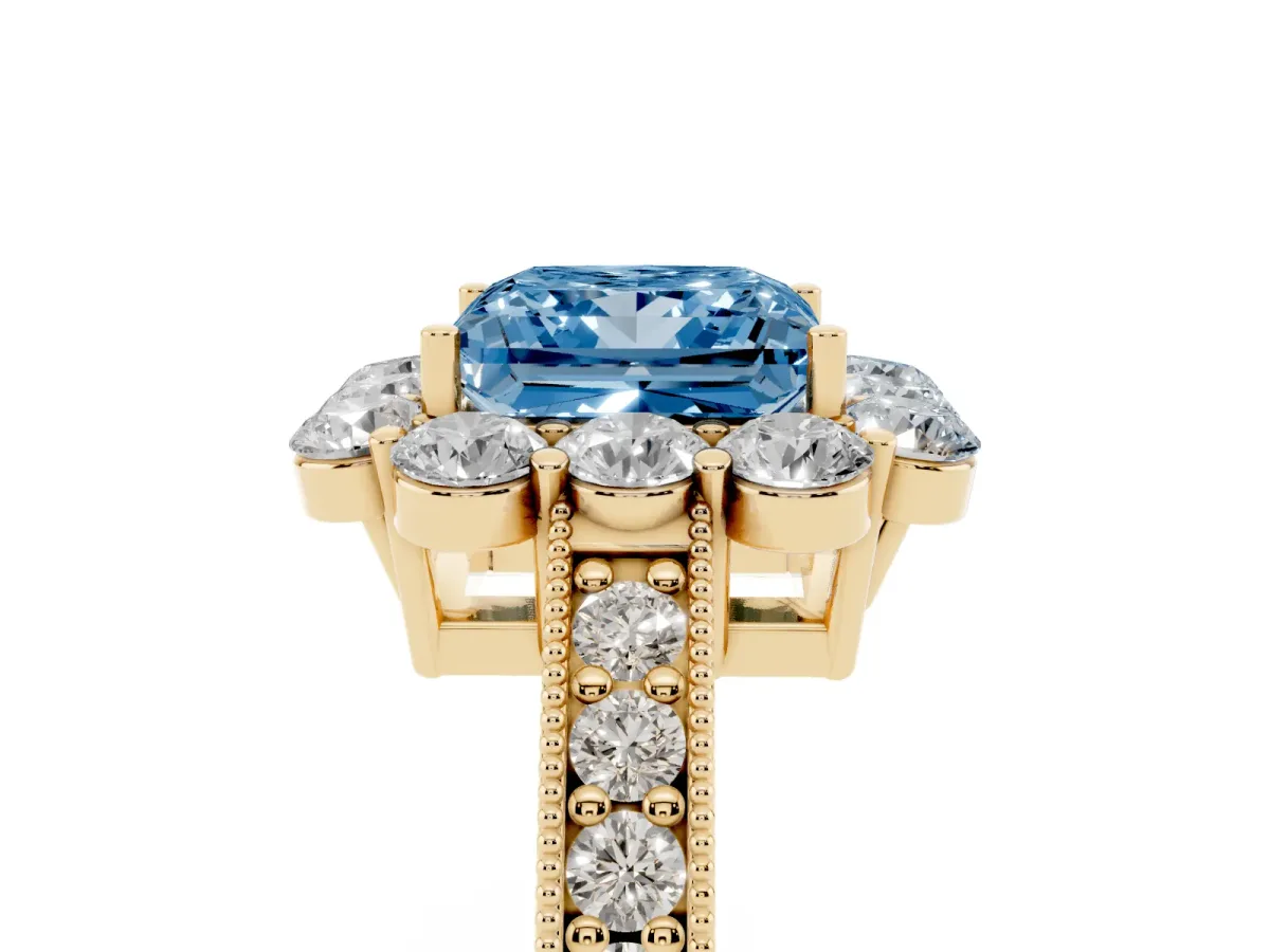 Fancy Blue Princess Cut Cut Halo Diamond Pavé Engagement Ring with Milgrain Detailing Yellow gold
