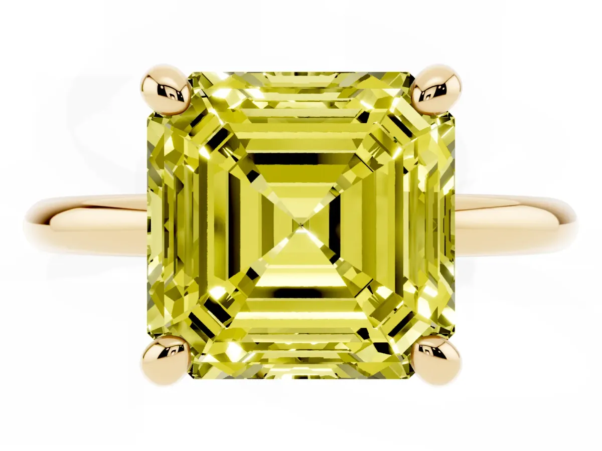 Fancy Yellow Asscher Cut Solitaire Diamond Ring with Four-Prong Setting on a Plain Band Yellow gold