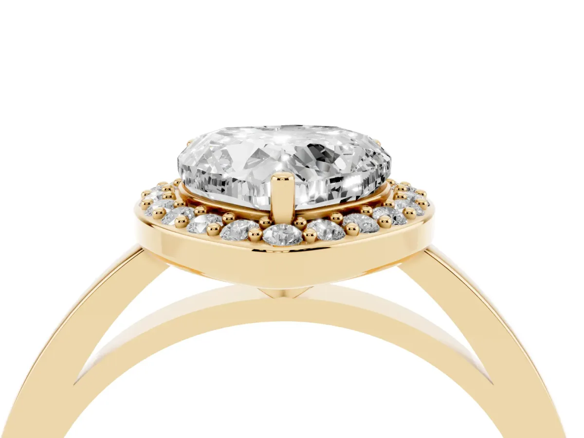 Heart Cut Halo Diamond Ring with Solitaire Band and Prong Setting Yellow gold