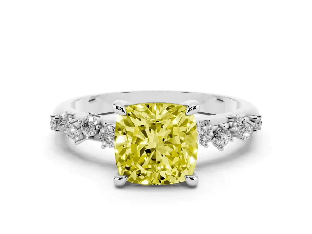 Fancy Yellow Cushion Cut Cut Diamond Vine Band with Four-Prong Setting Platinum