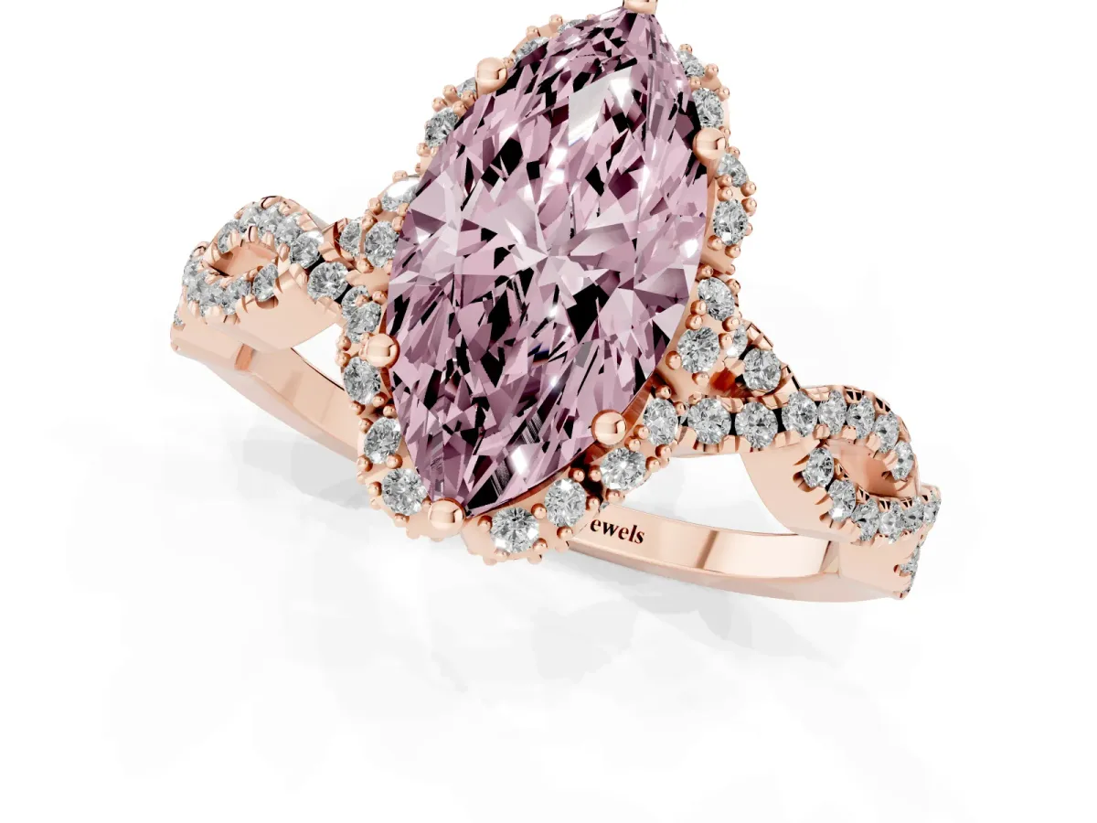 Fancy Pink Marquise Cut Halo Twist Band Solitaire Ring with Six-Prong Setting Rose gold