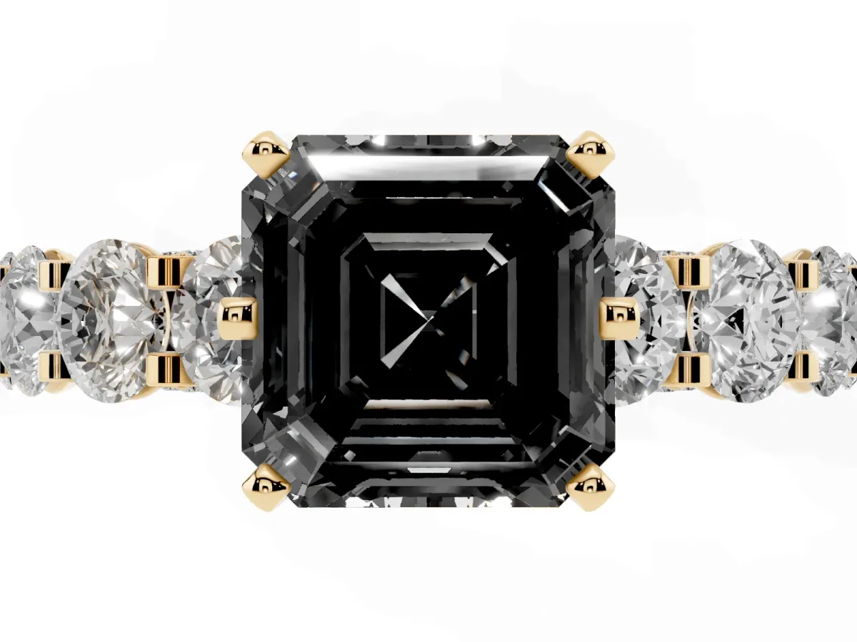 Fancy Black Asscher Cut Diamond Side Stone Engagement Ring with Four-Prong Setting Yellow gold