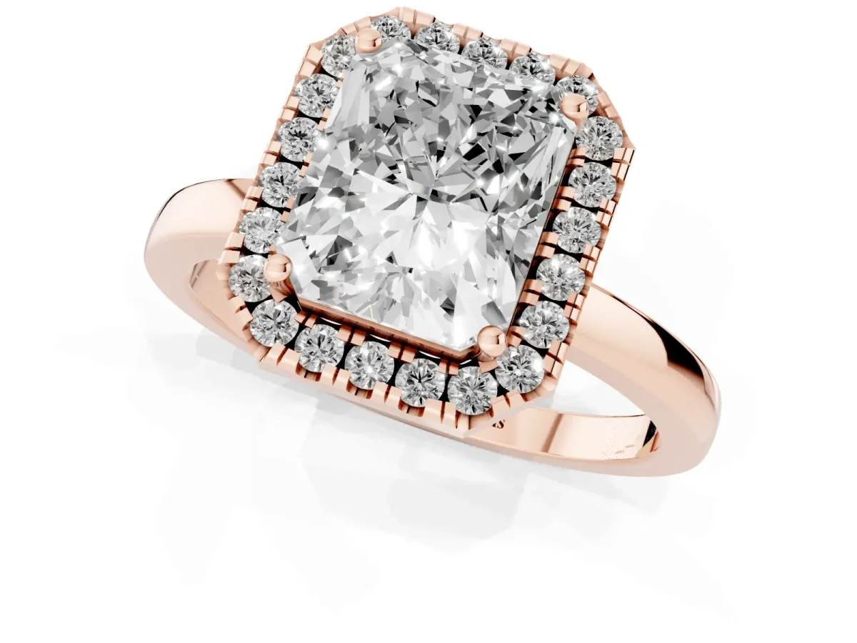 Radiant Cut Halo Diamond Solitaire with Pavé Band and Four-Prong Setting Rose gold