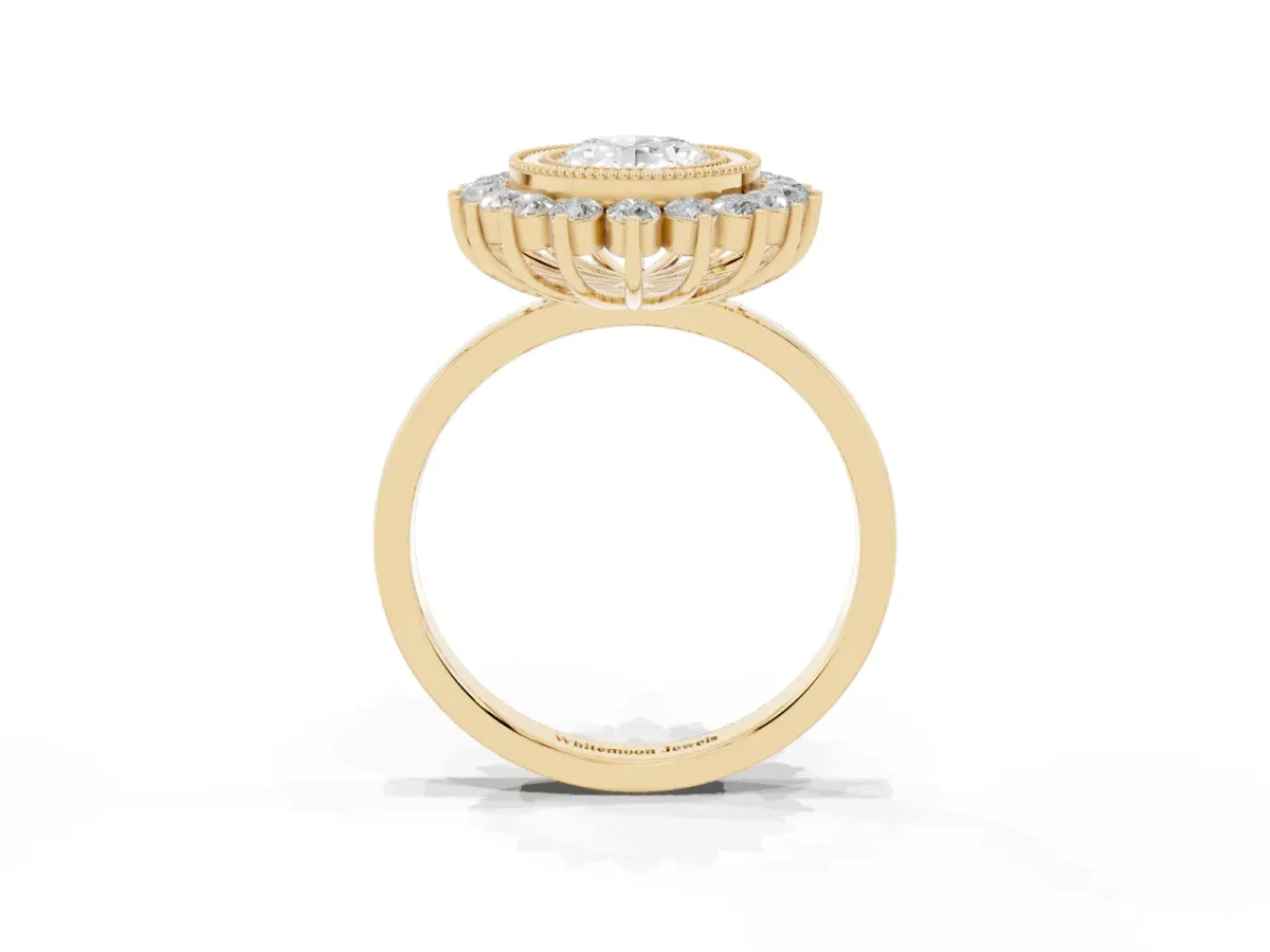 Oval Cut Halo Diamond Ring with Milgrain Edge and Round Prong Setting Yellow gold