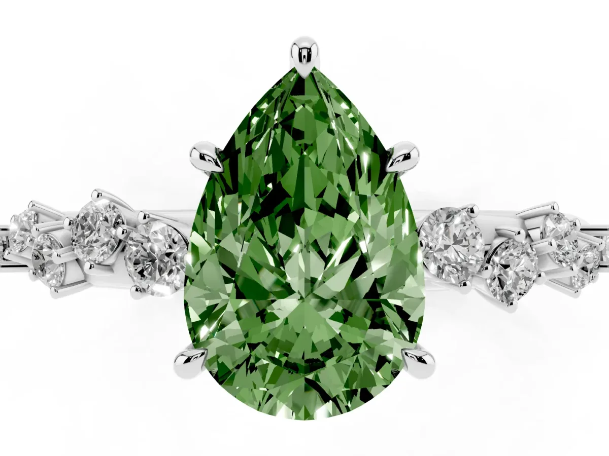 Fancy Green Pear Cut Diamond Cluster Side Stone Solitaire Ring with Prong Setting Silver