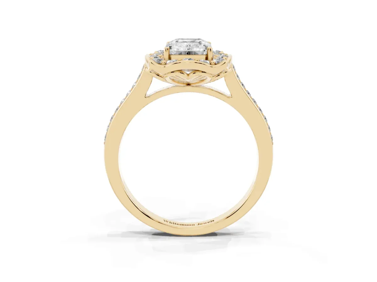 Emerald Cut Halo Round Diamond Pave Band with Four-Prong Setting Yellow gold