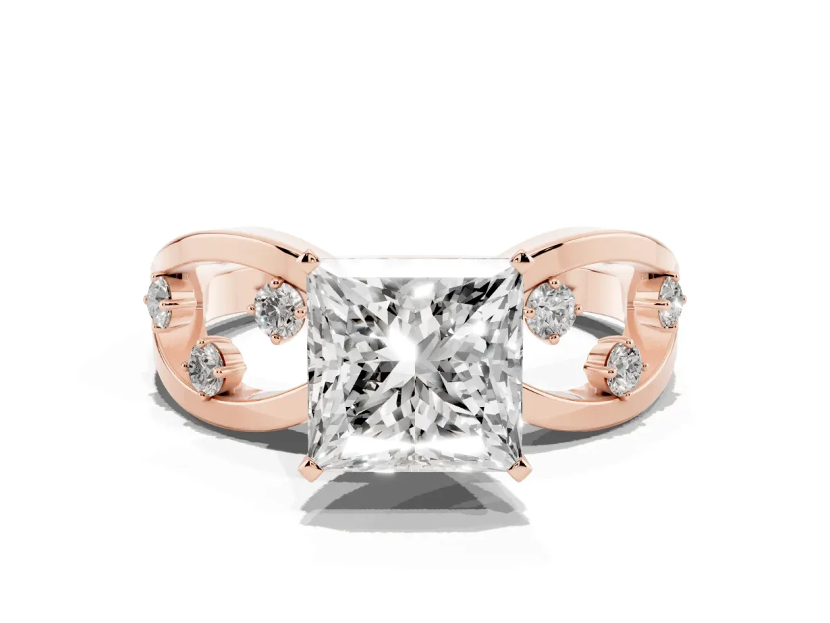 Princess Cut Cut Solitaire Diamond with Side Stones on Criss-Cross Band and Four-Prong Setting Rose gold