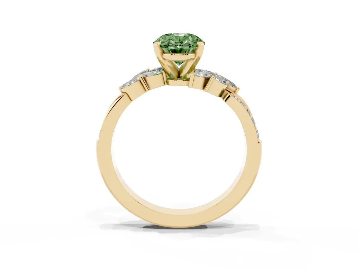 Fancy Green Oval Cut Solitaire Marquise Twist Band with Six-Prong Setting Yellow gold