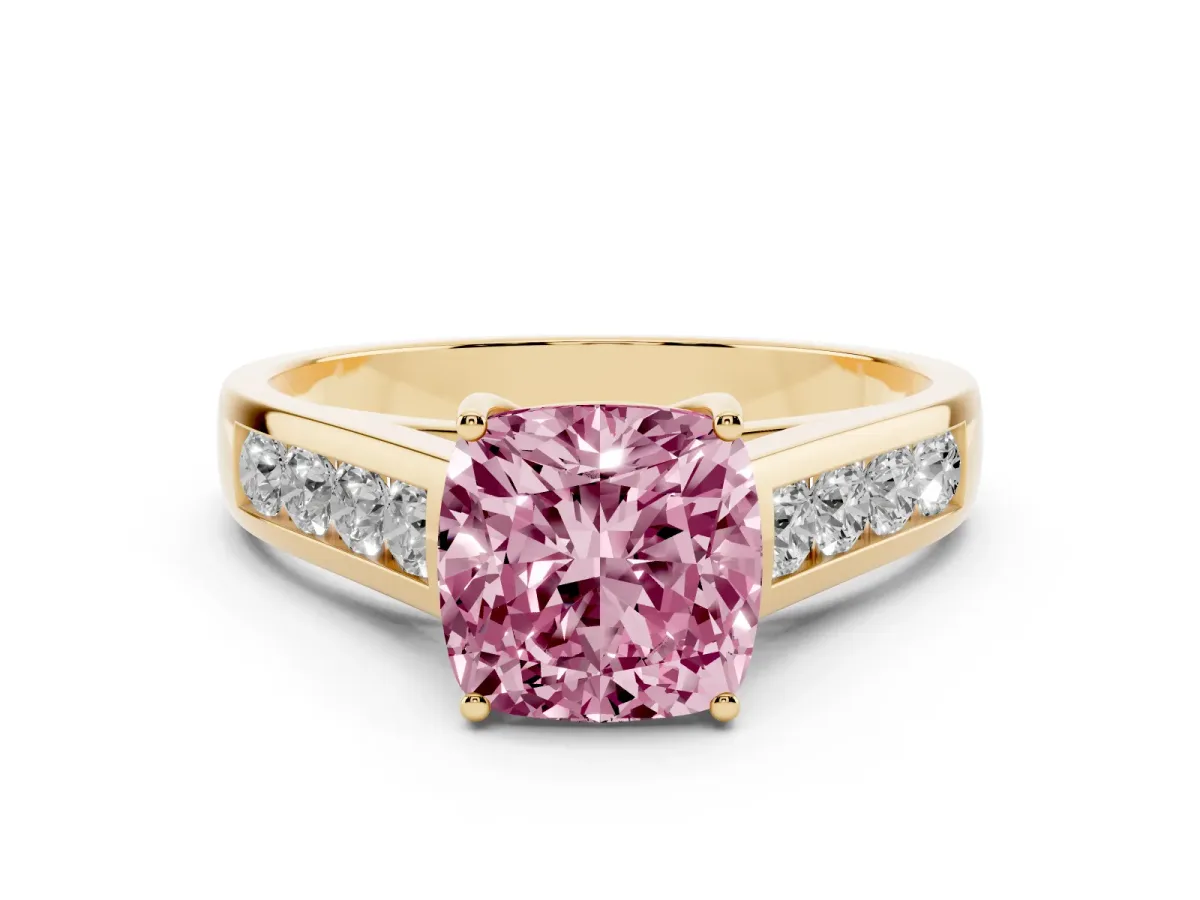 Fancy Pink Cushion Cut Brilliant Channel-Set Solitaire Ring with Four-Prong Setting Yellow gold