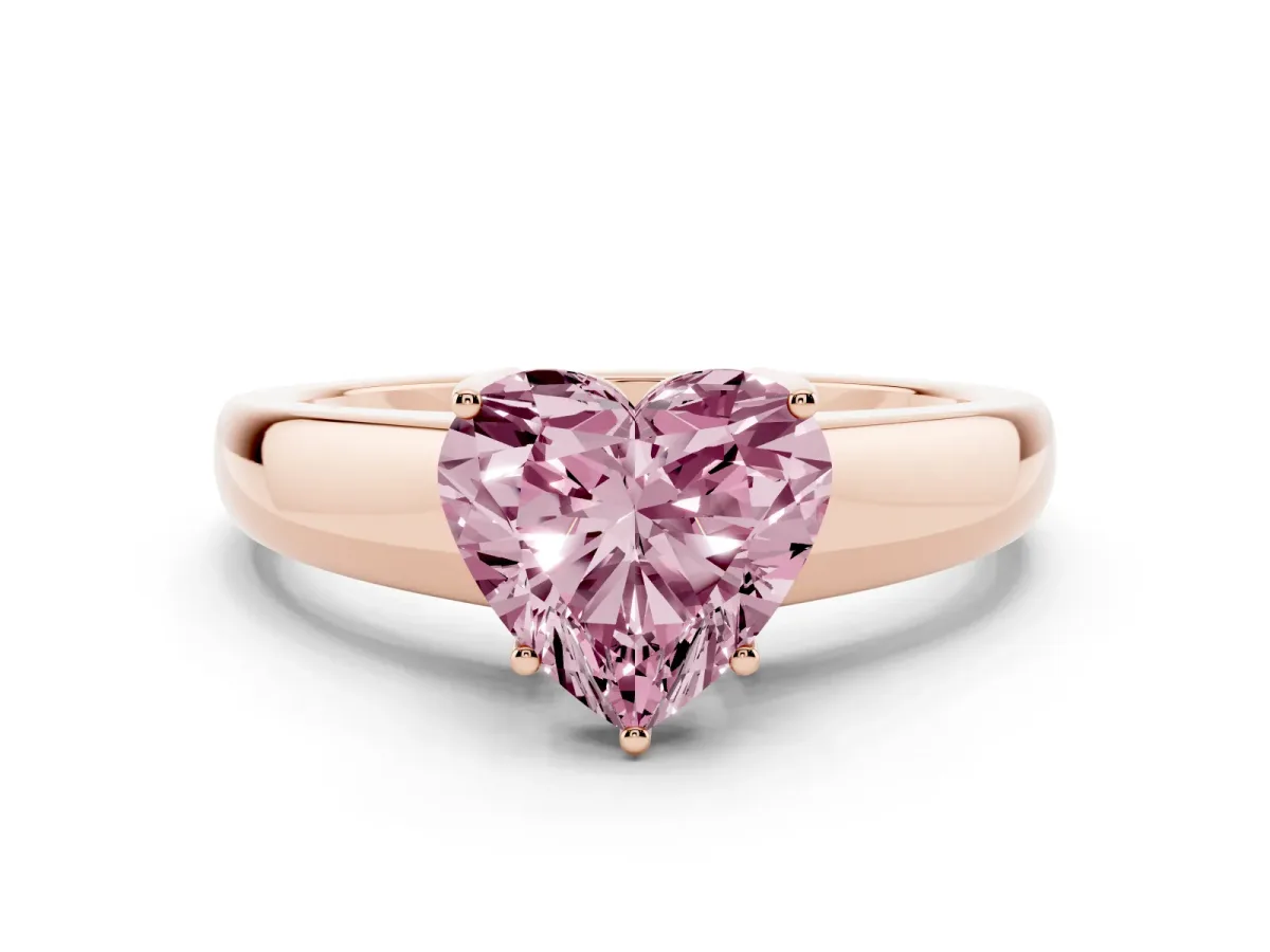Fancy Pink Heart Cut Solitaire Diamond Ring with Tapered Band and Four-Prong Setting Rose gold