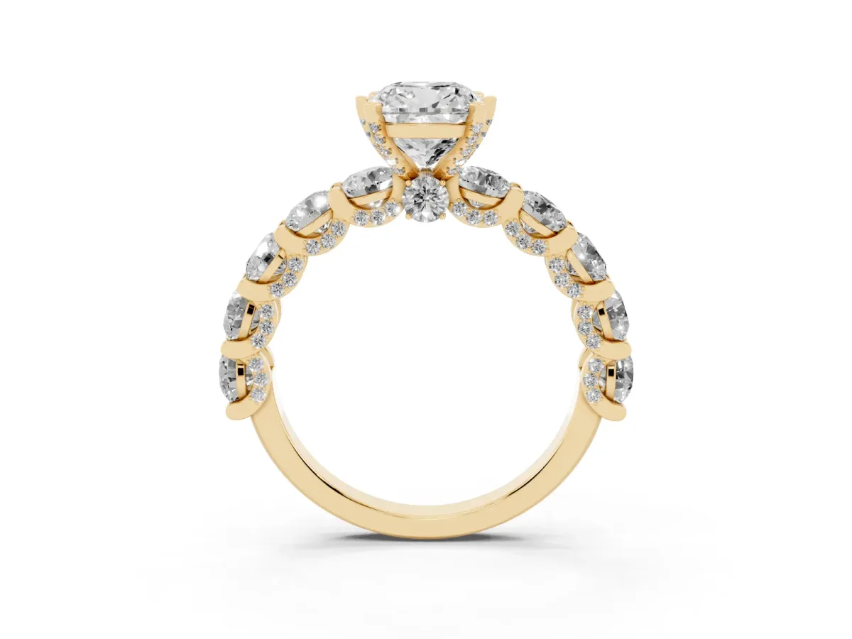 Cushion Cut Diamond Side Stone Engagement Ring with Four-Prong Setting Yellow gold
