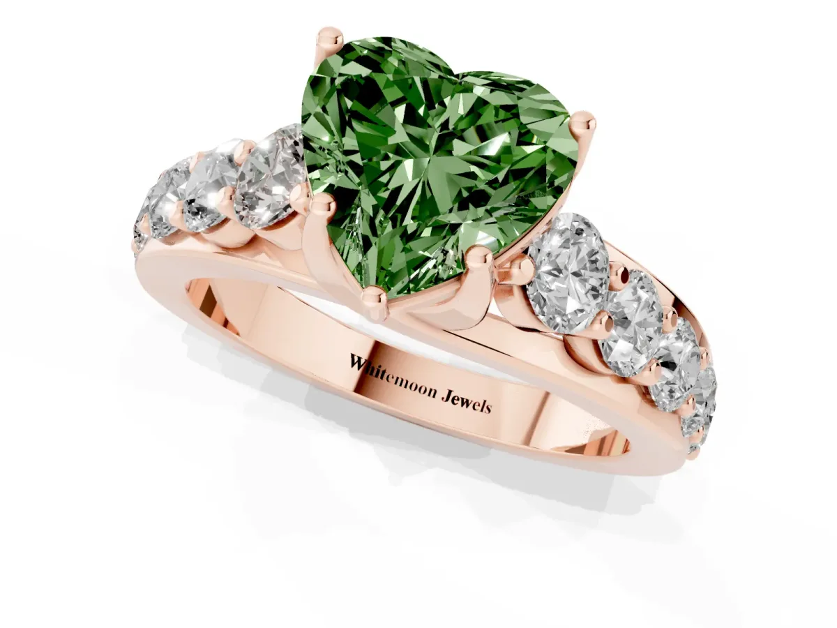 Fancy Green Heart Cut Diamond Engagement Ring with Pavé Band and Four-Prong Setting Rose gold