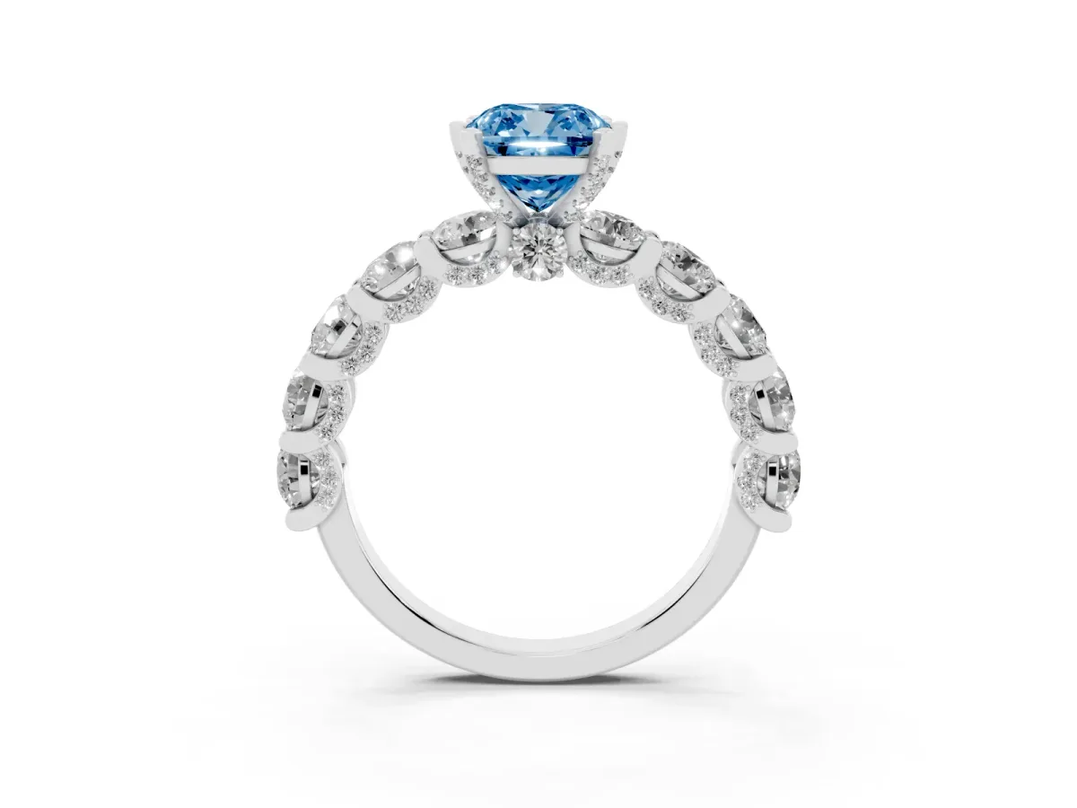 Fancy Blue Cushion Cut Diamond Side Stone Engagement Ring with Four-Prong Setting Platinum