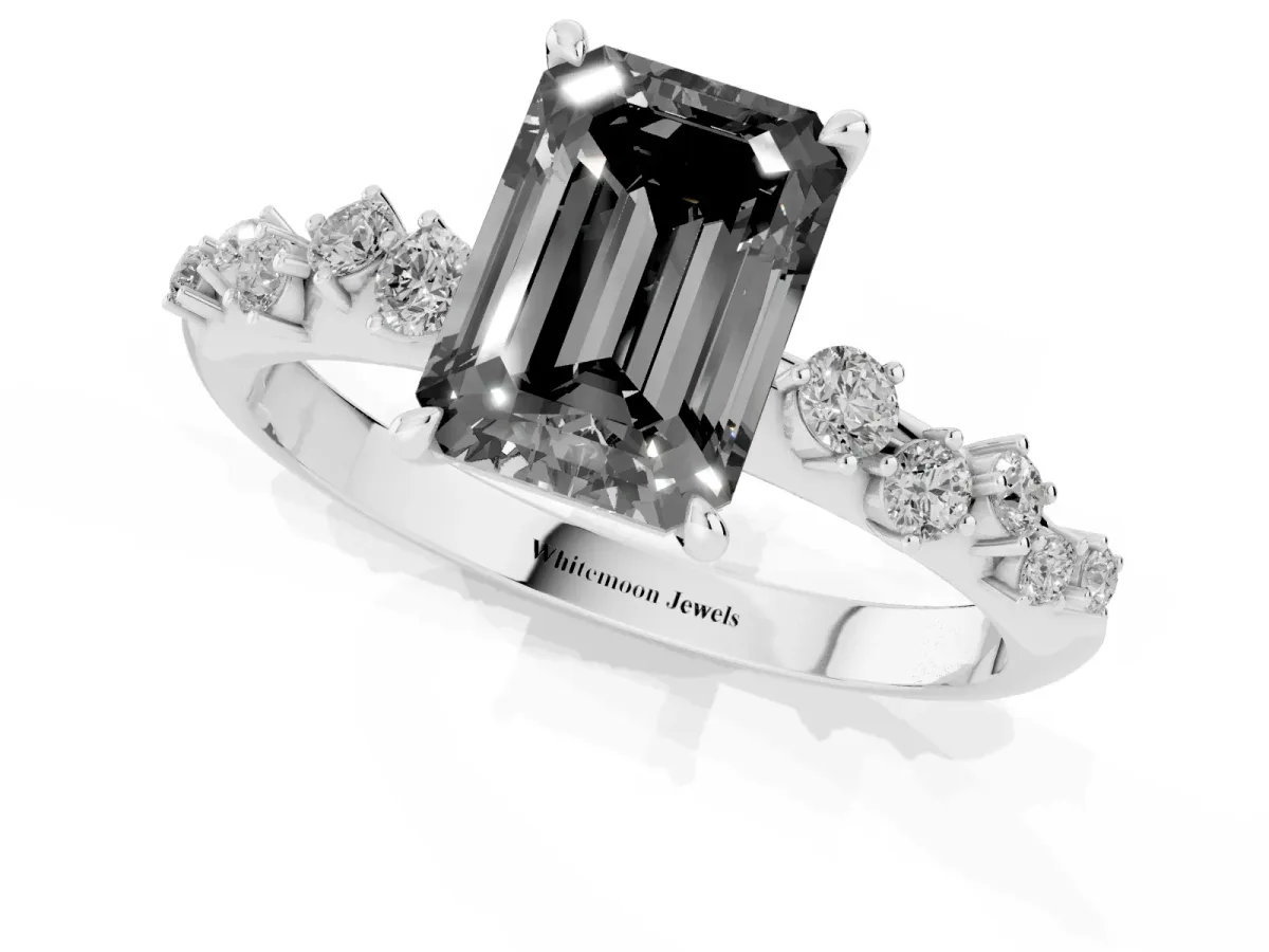 Fancy Black Emerald Cut Diamond Cluster Side Stone Solitaire Ring with Prong Setting Platinum