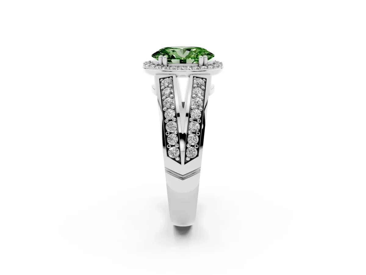 Fancy Green Oval Cut Diamond Halo Ring with Split Shank Pavé Band and Four-Prong Setting Platinum