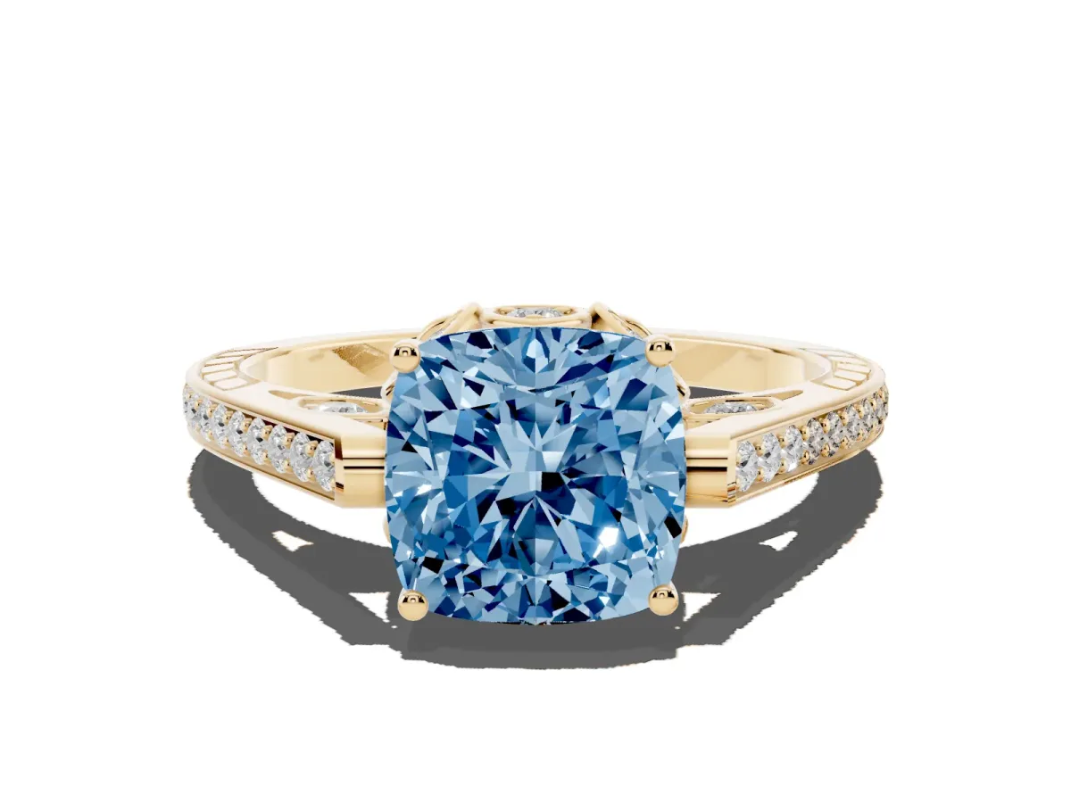 Fancy Blue Cushion Cut Cut Cathedral Pave Diamond Engagement Ring with Six-Prong Setting Yellow gold