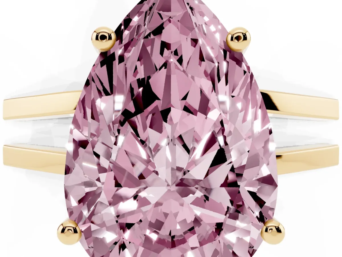 Fancy Pink Pear Cut Cut Diamond Solitaire Engagement Ring with Tapered Plain Band and Four-Prong Setting Yellow gold